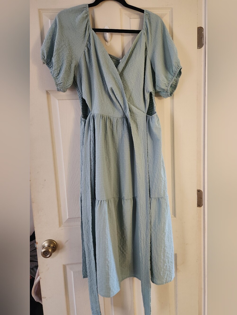 Light Blue Wrap Maxi Dress with Puff Sleeves and Tie Waist